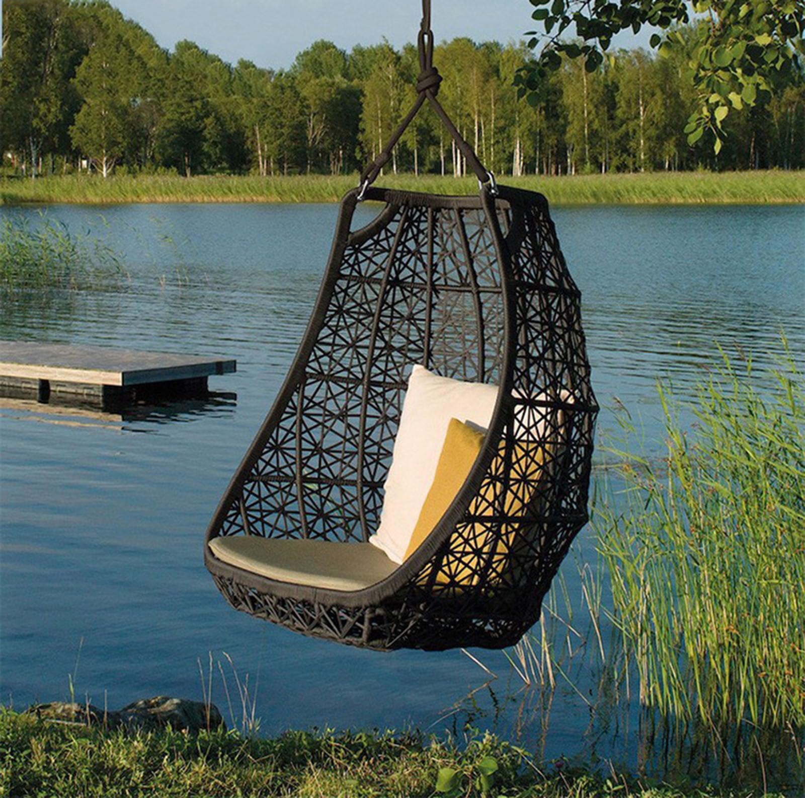 Silla colgante para exteriores con cojín resistente al desgaste, estilo nórdico, mimbre de ratán para vista al jardín (marrón)