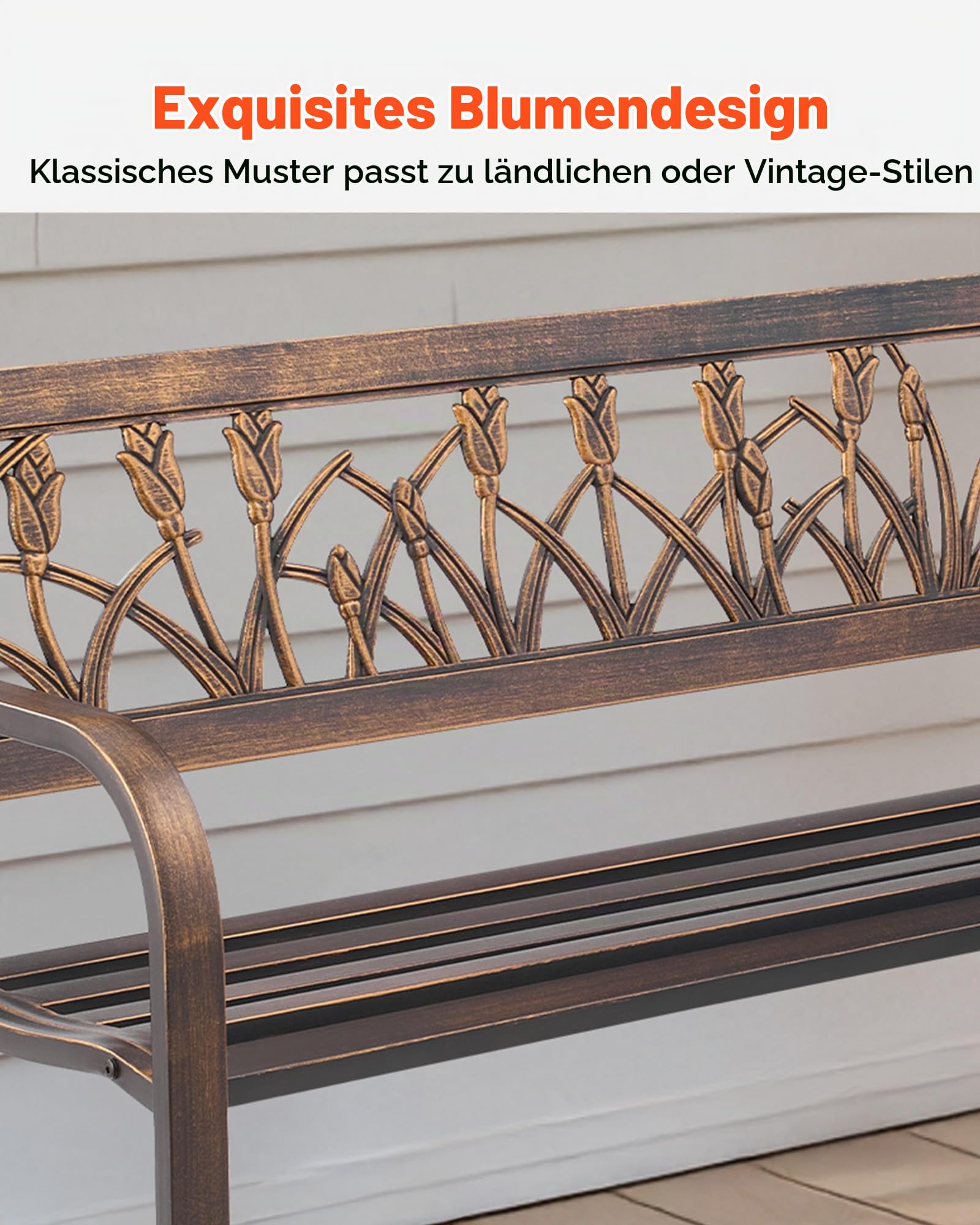 VEVOR Gartenbank Gartenmöbel Bänke 127 cm 250 kg Tragkraft, Terrassenbank mit Metallrahmen aus Karbonstahl Balkonbank mit PVC-Blumenmuster und Armlehnen mit abgerundeten Kanten Antikbronze