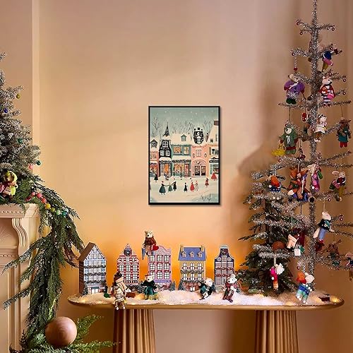 Miniatura 4 de Pósteres retro de Navidad, lienzo retro de pueblo navideño, arte de pared, impresiones acogedoras de escena de invierno para oficina, sala de estar,