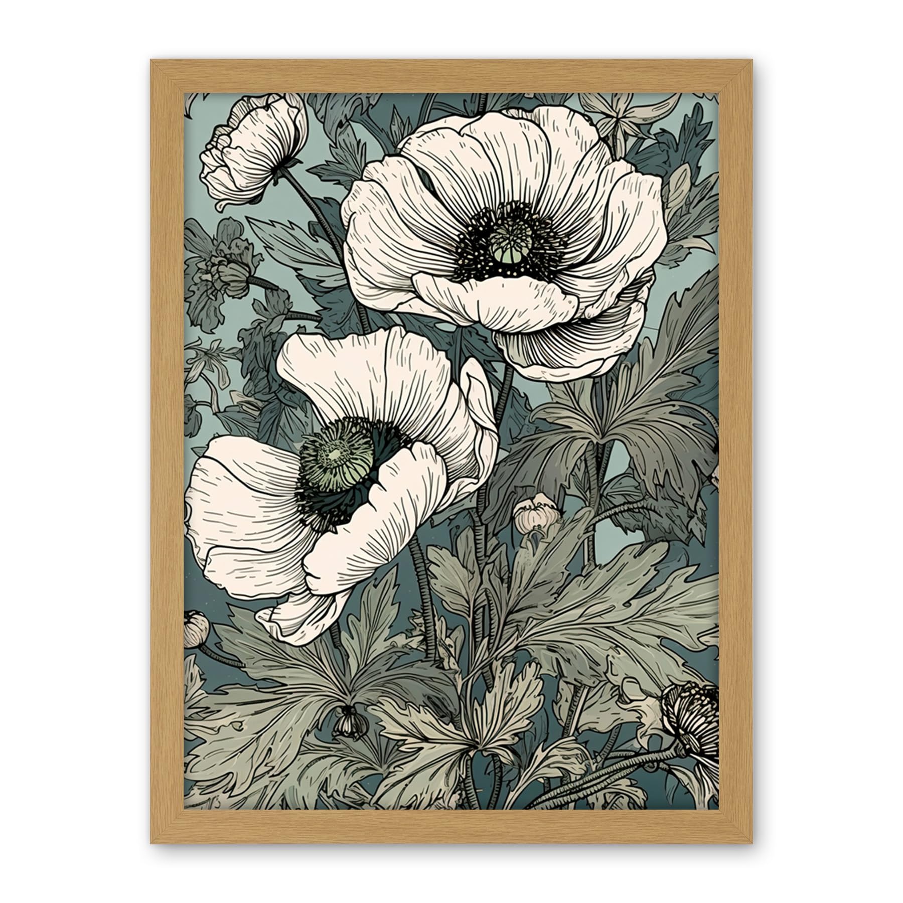 Artery8 Pastel Colour White Anemone Flower Bloom Field Artwork Framed Wall Art Print 18X24 Inch