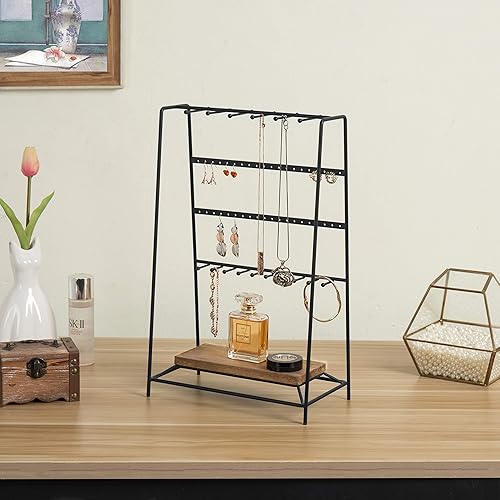 Miniatura 3 de Organizador de joyería de mesa de metal negro moderno con base de exhibición de maderacollares, pulseras, pendientes, soporte de almacenamiento