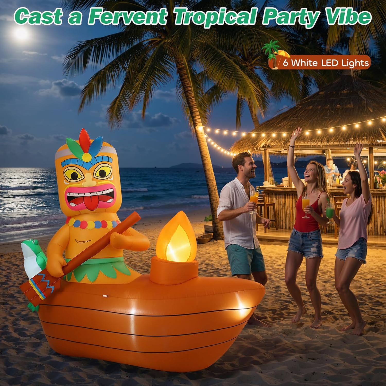Lewondr 5.25FT Inflatable Tiki Luau Decor, Boat Luau Party Decorations, Blow up Hawaiian Outdoor Decorations with 6 LED Lights, Summer Outdoor Inflatables for Tropical Pool Beach Yard Lawn