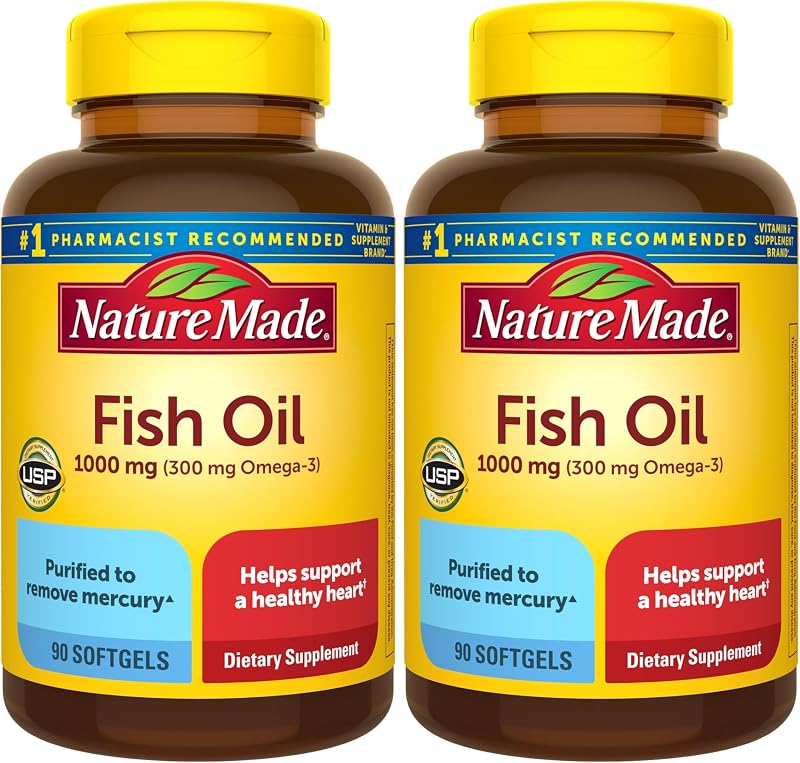 Suplementos de aceite de pescado Omega 3 de Nature Made, cápsulas blandas de 1000 mg, aceite de pescado Omega 3 para un apoyo saludable del corazón, 90 cápsulas blandas, suministro para 45 días (paquete de 2)