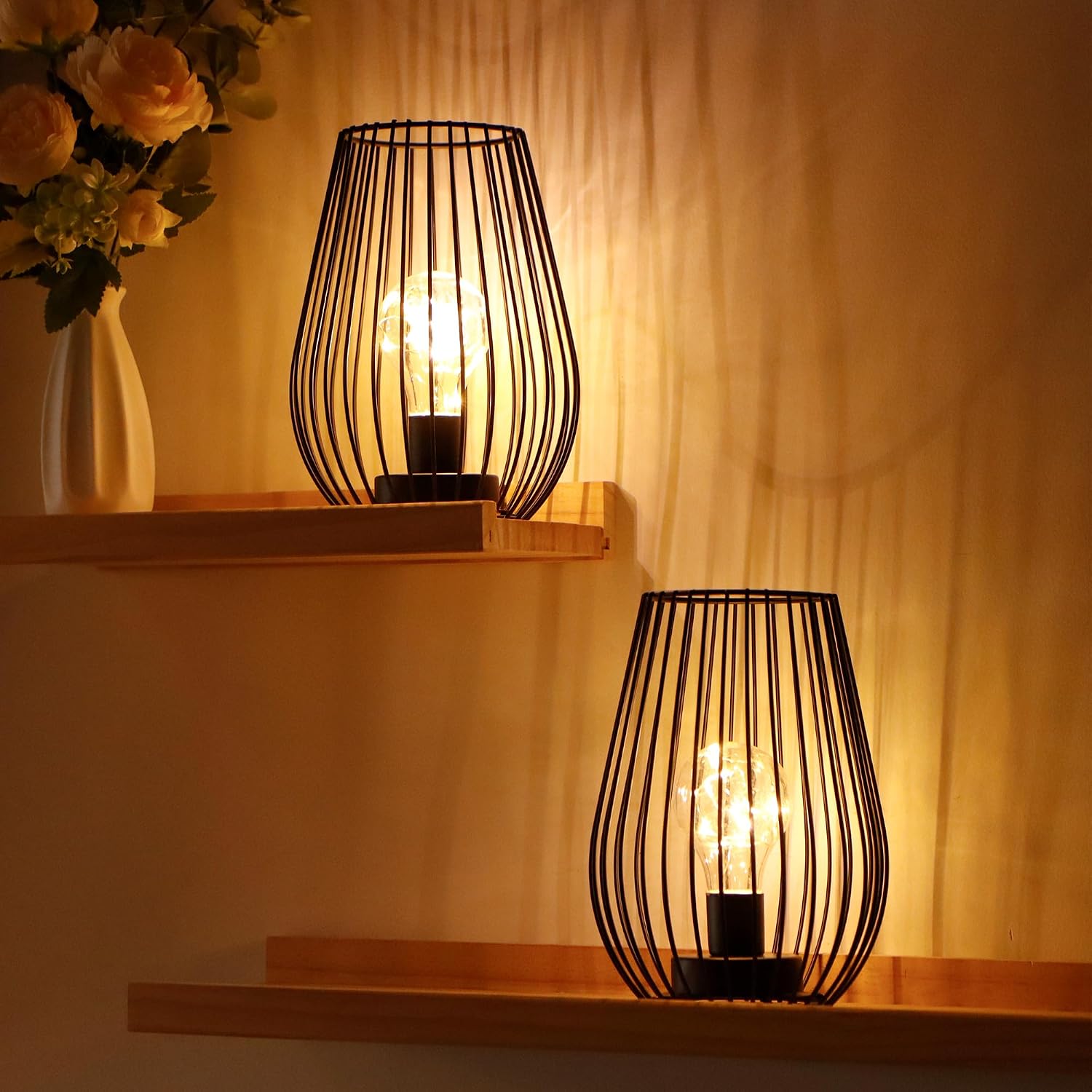 TRIROCKS Metal Cordless Table Lamp - 8'' Tall Set of 2 Cage Shape Battery Operated Lamp with Fairy Lights Bulb for Indoor/Outdoor Use Perfect for Christmas Garden and Weddings (Black,Set of 2)