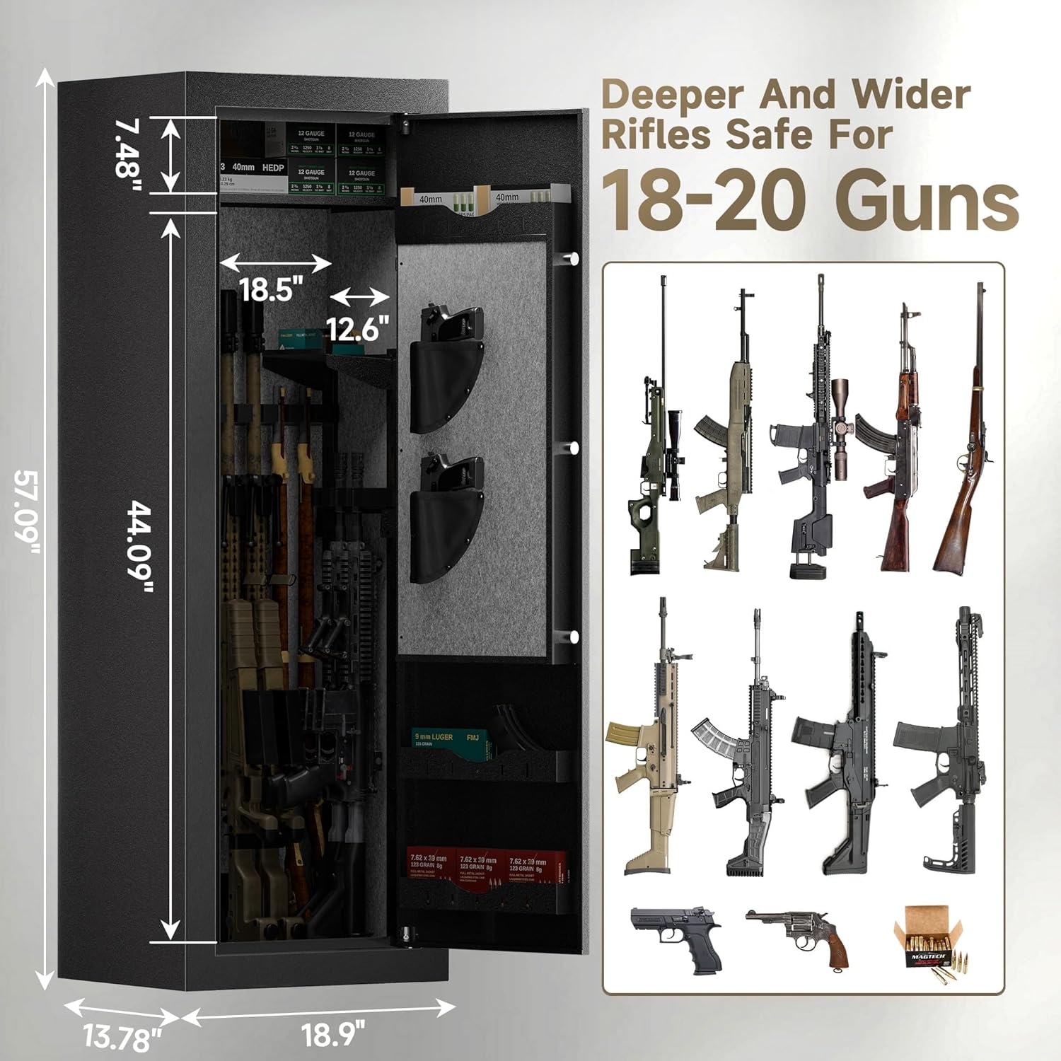 KAER Gun Safe, 15-20 Biometric Gun Safes for Rifle and Pistols, Large Rifle Gun Safe with Fingerprint Lock Quick Access Gun Cabinets for Rifles and Shotguns with Removable Shelf & Gun Rack, Assembled