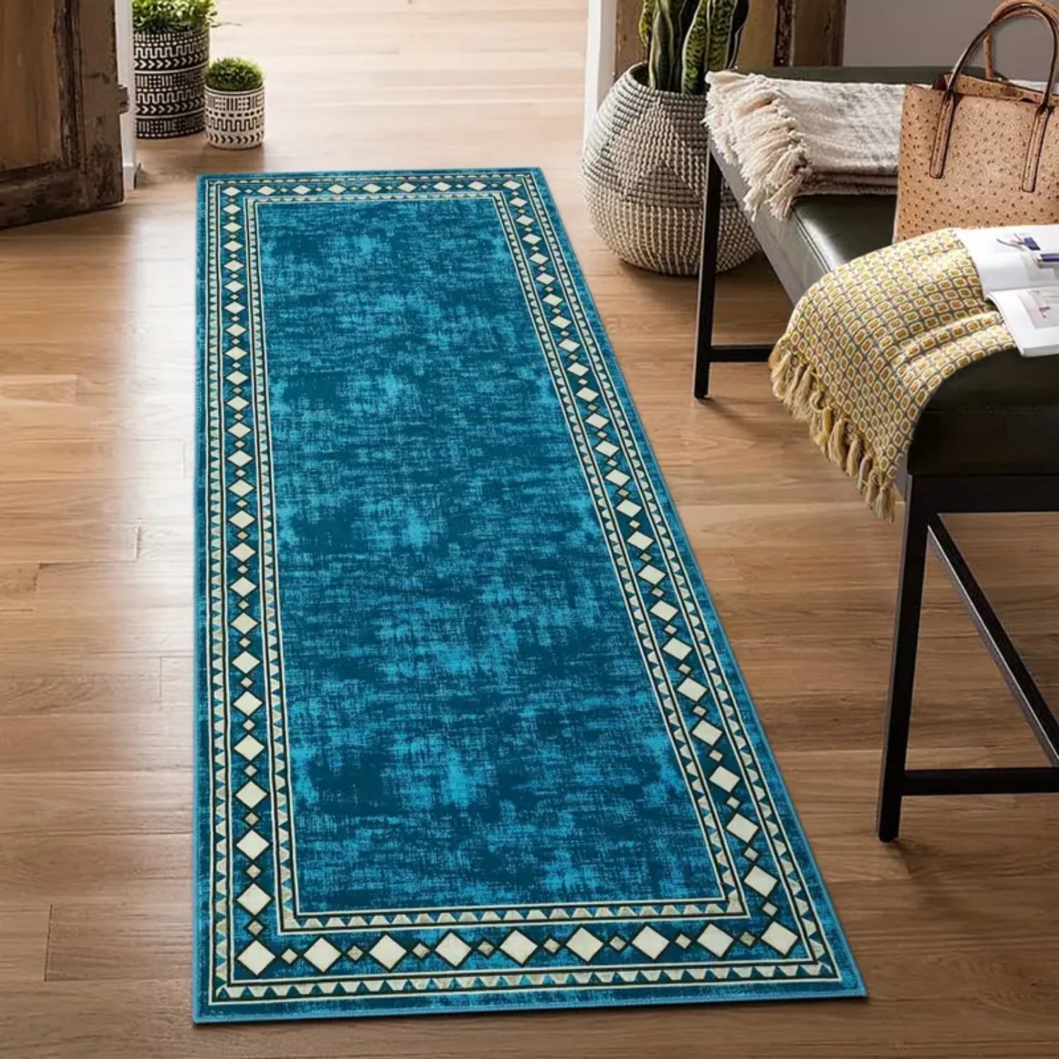 USHIRUG Geometric Runner Rug, 100x200cm,Blue Abstract Hallway Carpet Simplicity Area Rug for Bedroom, Hallway Runner Rugs Non Slip Modern Carpet Non Shedding Low Pile Rugs for Lounge Easy Clean