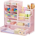 Marbrasse Pen Holder for Desk, Desk Organize with Drawer | Mesh Metal Desk Organizers and Accessories Art Supplies for Home, Office, Classroom, School(Pink)