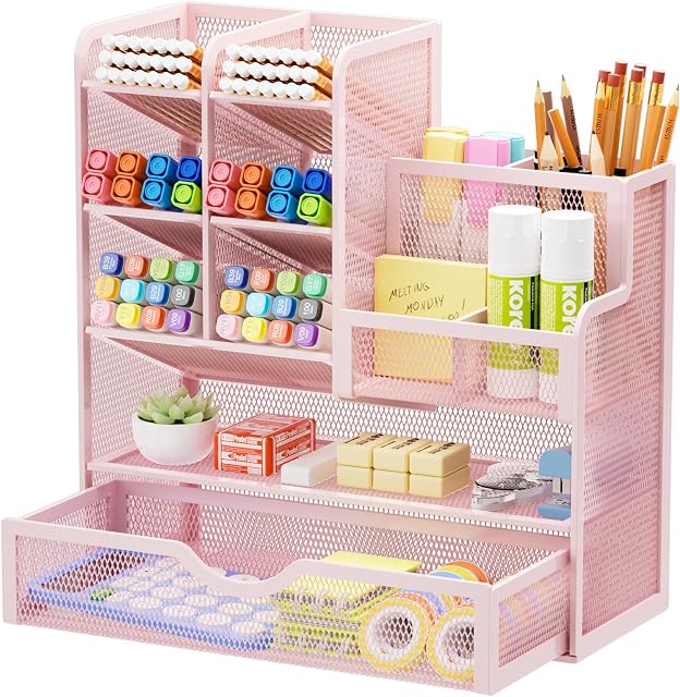 Marbrasse Pen Holder for Desk, Desk Organize with Drawer | Mesh Metal Desk Organizers and Accessories Art Supplies for Home, Office, Classroom, School(Pink)
