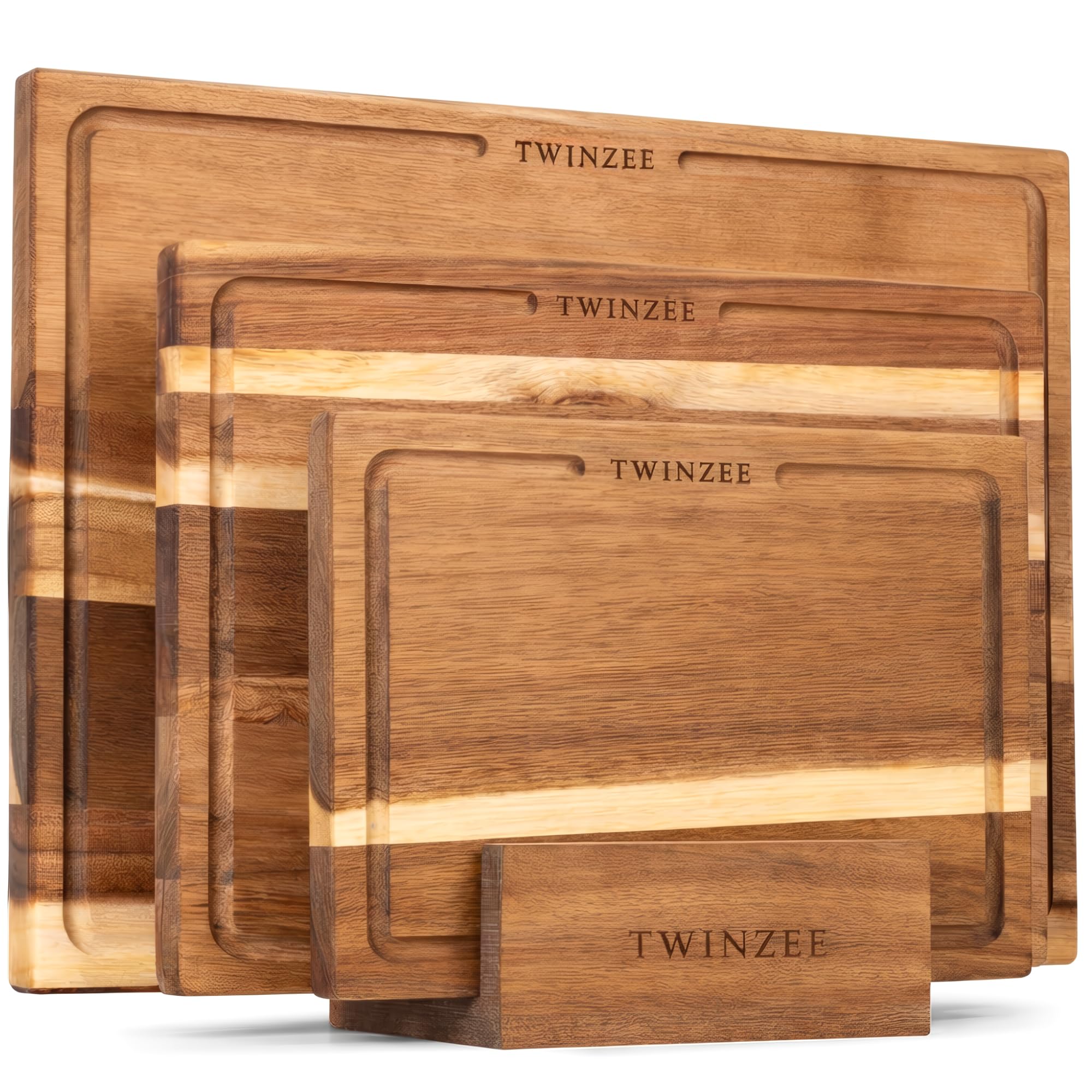 Twinzee 3 Planche a Decouper (40 x 30/33 x 24/26 x 18 cm) en Acacia Massif - Planche a Decouper Bois avec Support, 2cm d'Epaisseur, avec Rainure a Jus
