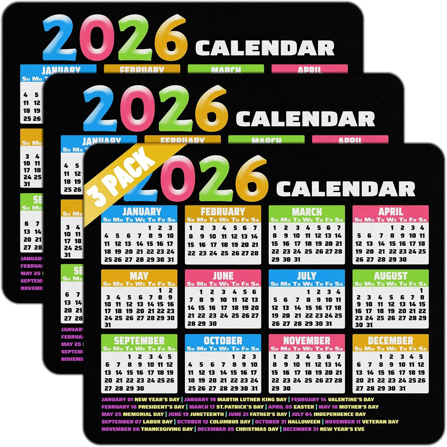 3 Pack 2026 Calendar small Mouse Pad with US Holidays 12 Month View,9.5 x 7.9 Inch, Mini Desktop Mat