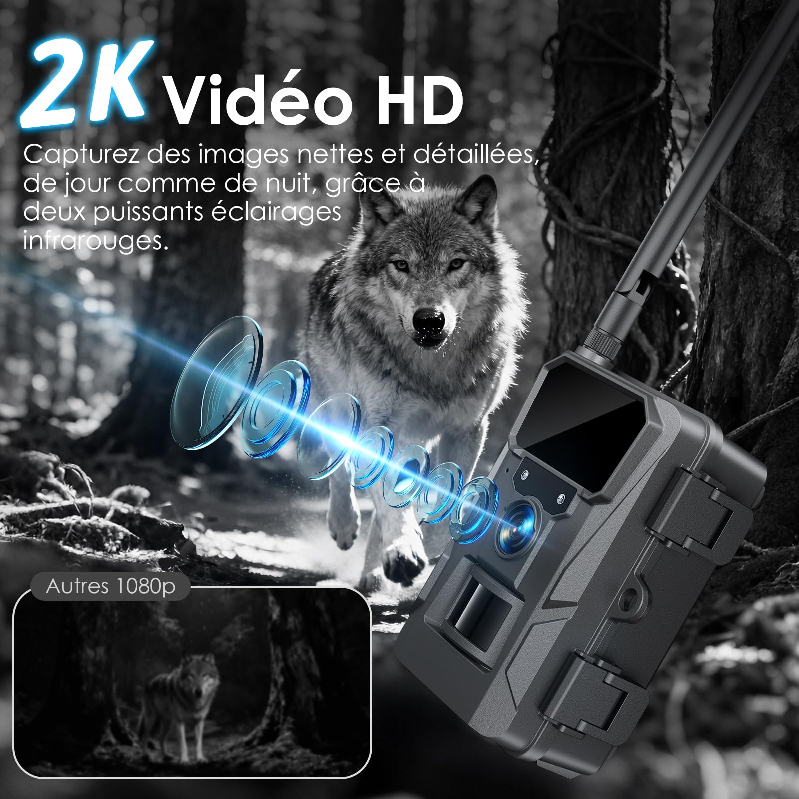 WOLFANG Caméra de Chasse cellulaire 4G LTE à énergie Solaire, caméra de Chasse 2K 48 MP avec Batterie 5200 mAh, écran de 2,0", contrôle par Application, Vision Nocturne, déclencheur de Mouvement de