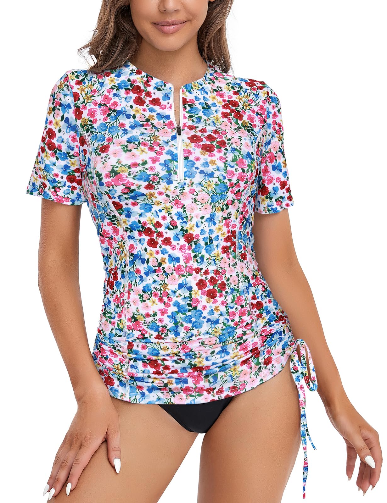 LuraneeWomens Shorts Sleeve Rash Guard Shirts UPF 50+ Side Adjustable Wetsuit Swimsuit Top S-XXL