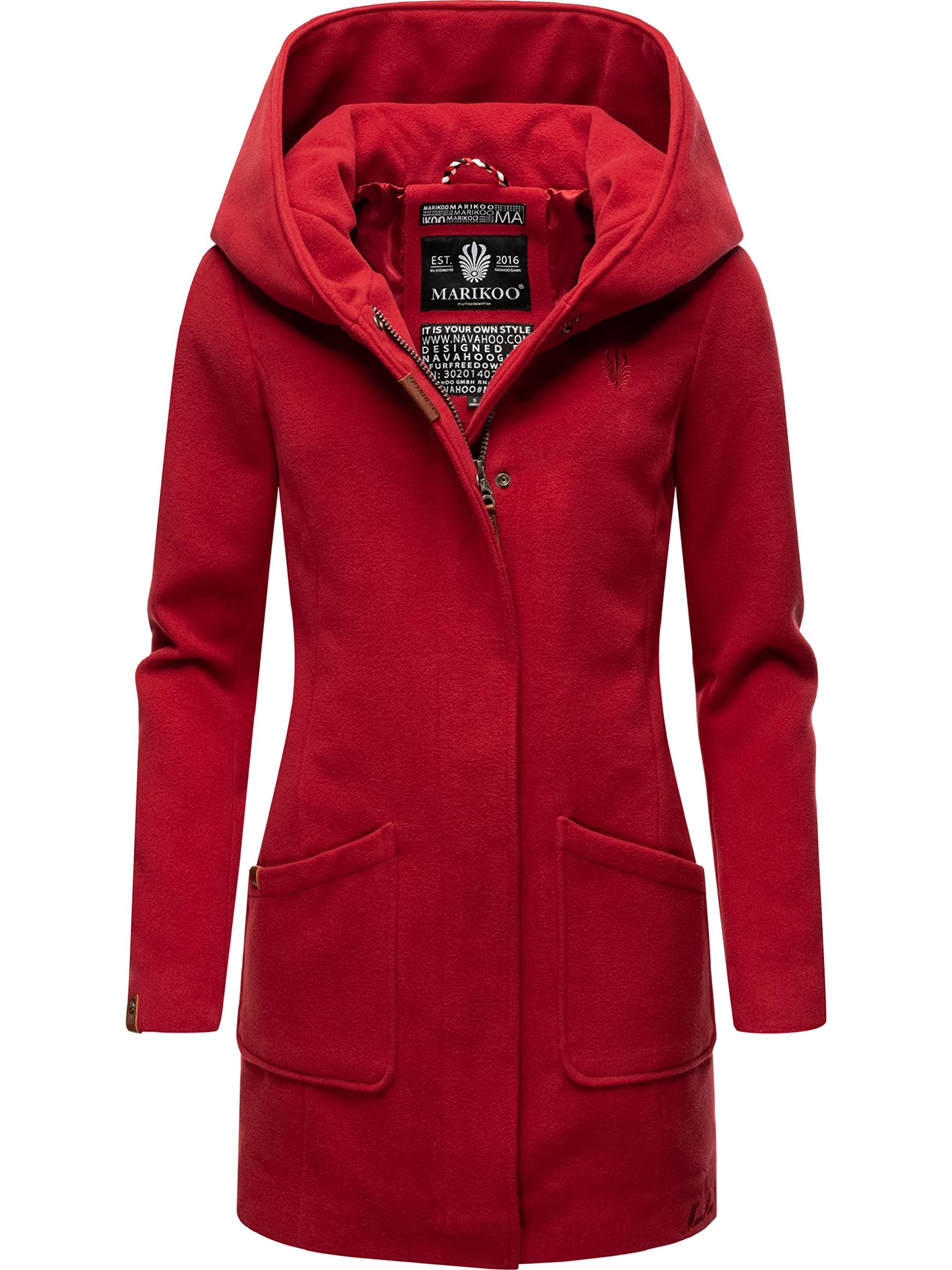 MARIKOO Maikoo Women's Wool Coat Look Warm Trench Coat with Hood XS - 5XL, dunkelrot, XXL