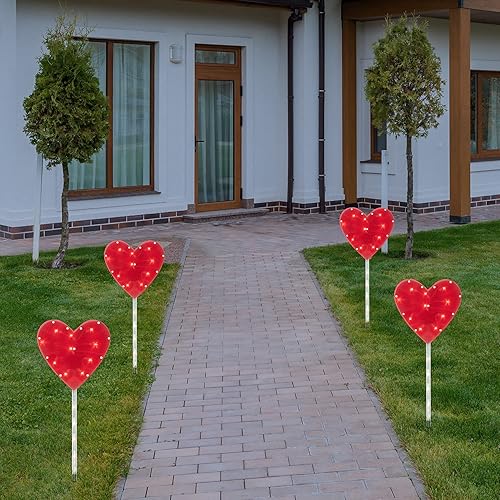 Miniatura 2 de Marcador de camino para el día de San Valentín, 4 unidades, diseño de corazón rojo, luces transparentes