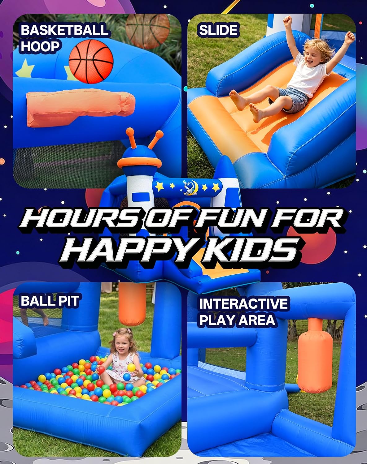 Kid Bounce House, Space Rocket Theme Inflatable Bounce House for 3-6 with 370W Blower, Basketball Hoop, Slide, Ball Pit (Balls Not Included), Storage Bag, Bouncy Castle for Indoor Outdoor Use