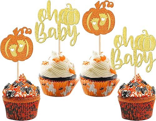 Miniatura 80 de 24 piezas de calabaza Oh Baby Cupcake Toppers Glitter Heart Feet Baby Shower Cupcake Picks para otoño, Acción de Gracias, tema de otoño, baby