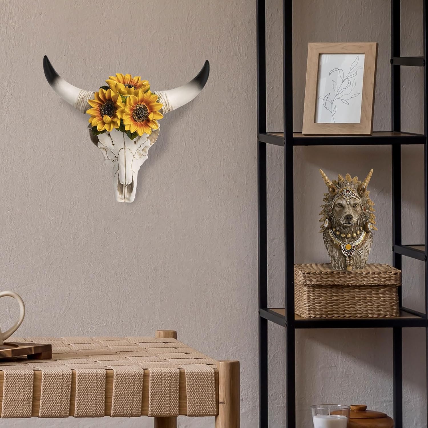 flangairy Cow Skull Wall Decor 7.9 x 7.9 Inches, Resin Bull Head Buffalo Animal Skull Sunflower Wall Art, Bedroom Bathroom Living Room Home Decorations