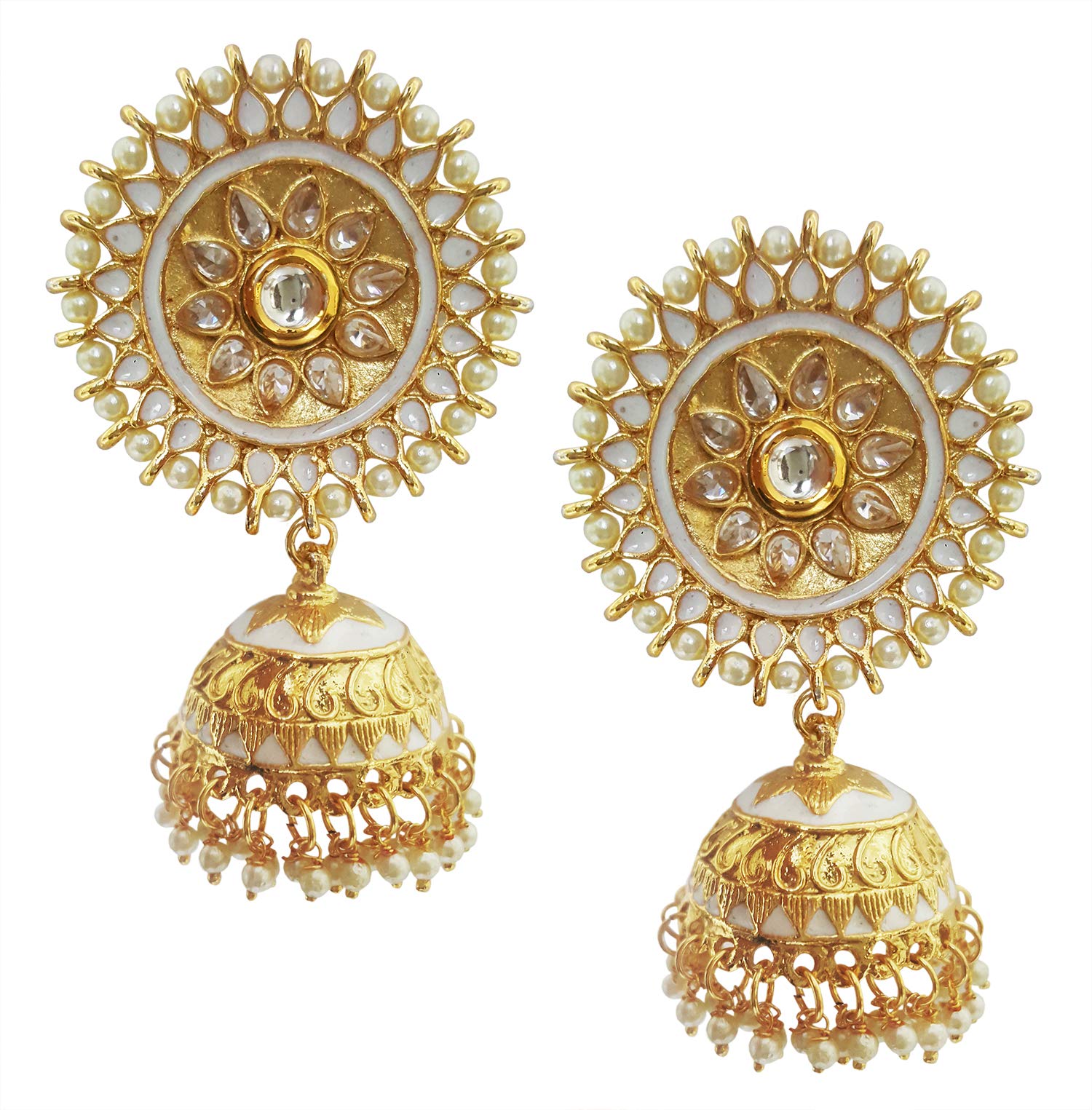 Rajasthani White Meenakari Crystals Jhumki Earrings (JWL2684)