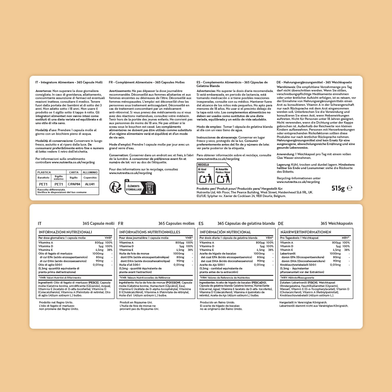 Nutravita Olio di Fegato di Merluzzo Capsule 1000 mg - 365 Capsule Premium di Olio di Pesce - Omega 3 Alta Resistenza con Vitamine A, D, E e di Aglio - Supporta la Salute di Cuore e Cervello