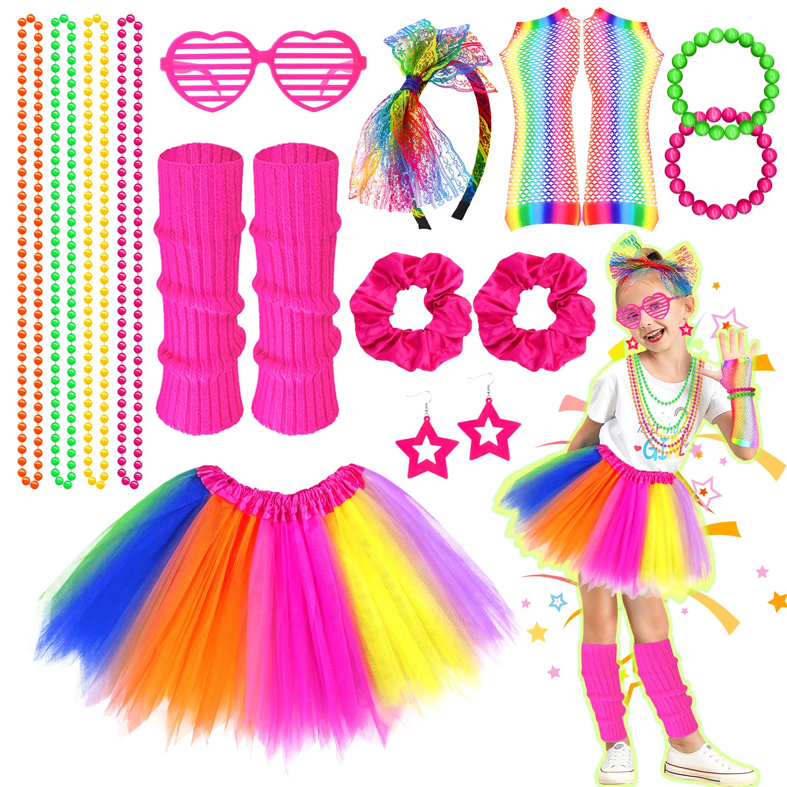 80s Costume Accessories Set for Girls 21Pcs 1980s Fancy Dress Outfit with Tutu Skirt Fishnet Gloves Leg Warmers Bow Headband Necklace Bracelets Glasses for Kids 1980s Theme Party (color