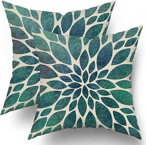 Miniatura 2 de Juego de 2 fundas de almohada de dalia verde azulado de 20 x 20 pulgadas, diseño geométrico floral verde azulado, modernas, abstractas, flores,