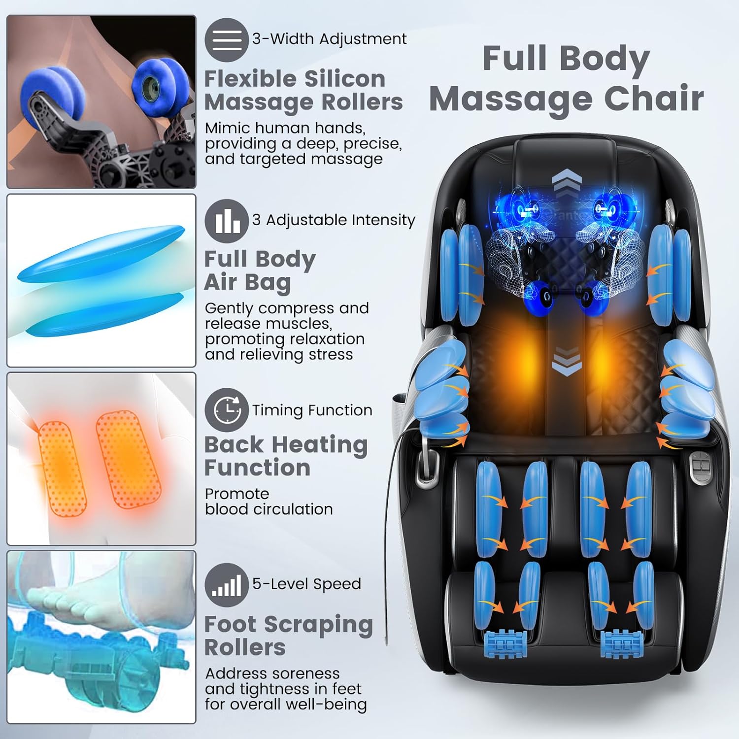 Relaxe Zero Gravity Shiatsu Massage Chair showing full body massage features including rollers, airbags, heating, and foot scraping
