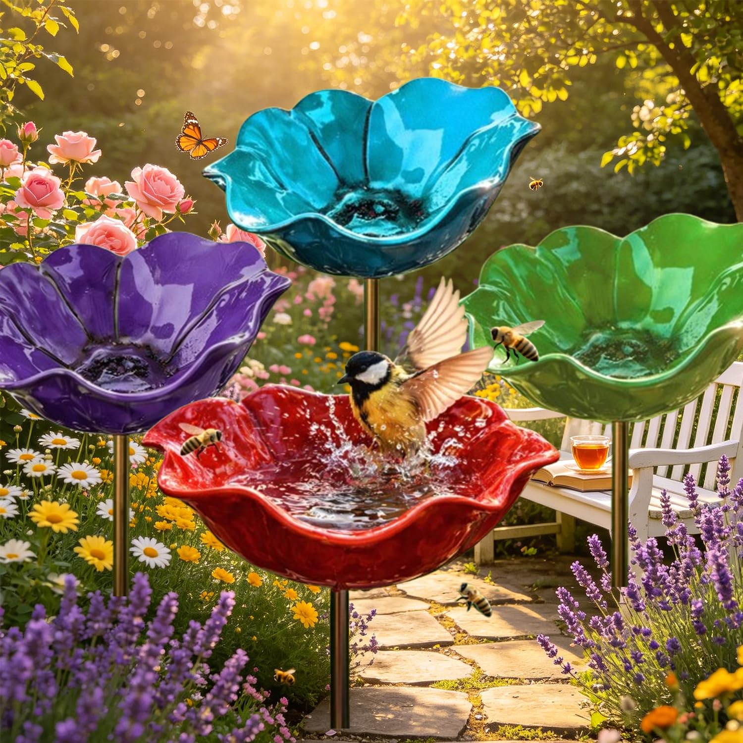 Bienentränke für den Garten,Blumen Gartenstecker Vogeltränke,Handgefertigte Metallblume als Vogelbad & Insektenwasserstelle, Gartenstecker für draußen Naturliebhaber (4*E)