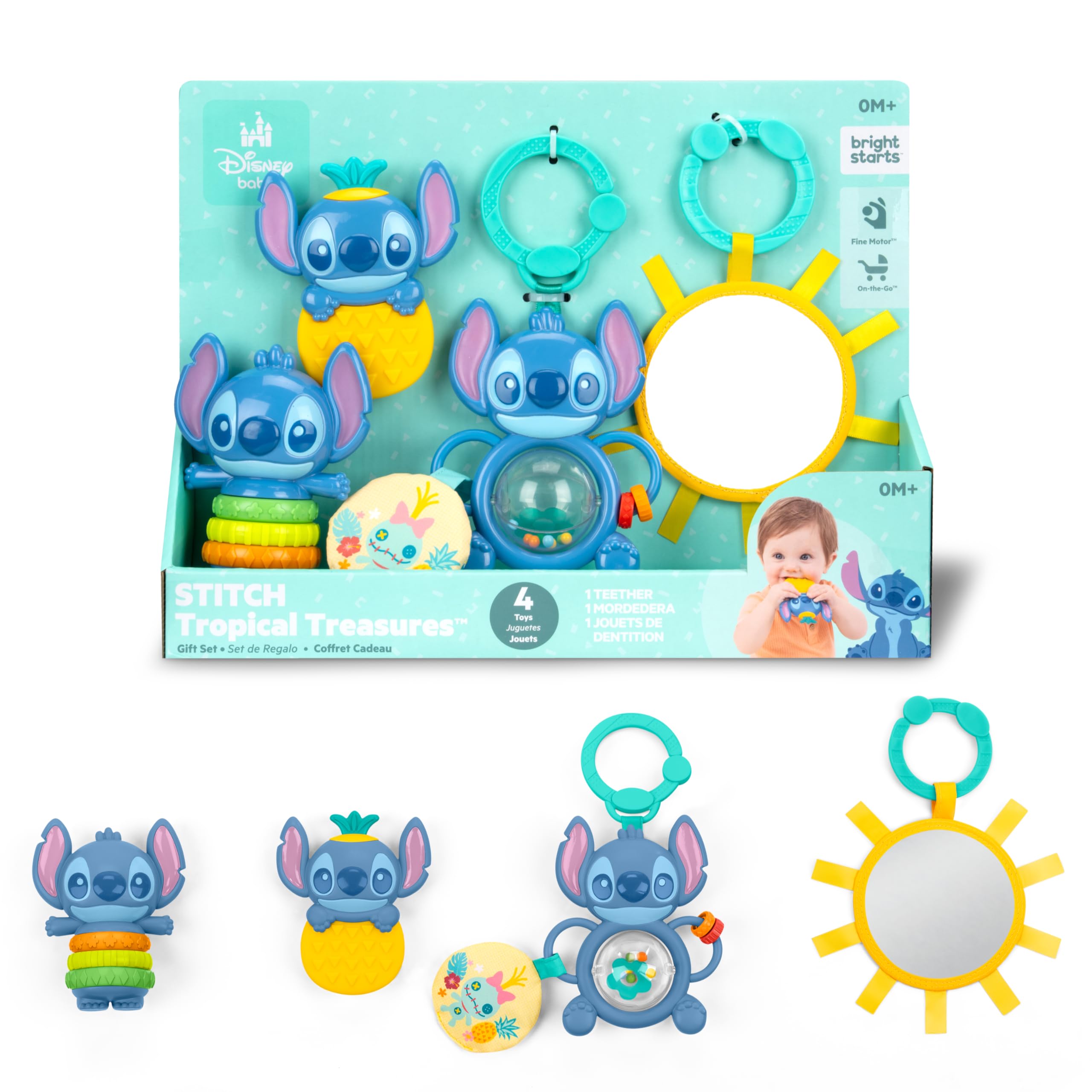 Bright Starts Disney Baby Stitch Tropical Treasures Gift Set including 4 Stitch Inspired Toys Including Baby-Safe Mirror and Teether