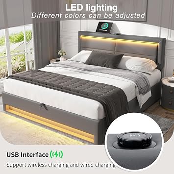 4ft6 Double Ottoman Bed With Storage, Hydraulic Lift Upholstered Bed Frame with LED Lighting & USB & Wireless Charging, PU Leather Functional Beds With Adjustable Headboard & Slats, No Mattress, Grey