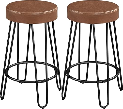 Yaheetech 26.5 inch Round Bar Stools Faux Leather CounterBar Height Stools with Cushion Backless Leather Seat with Hairpin Legs Barstools for