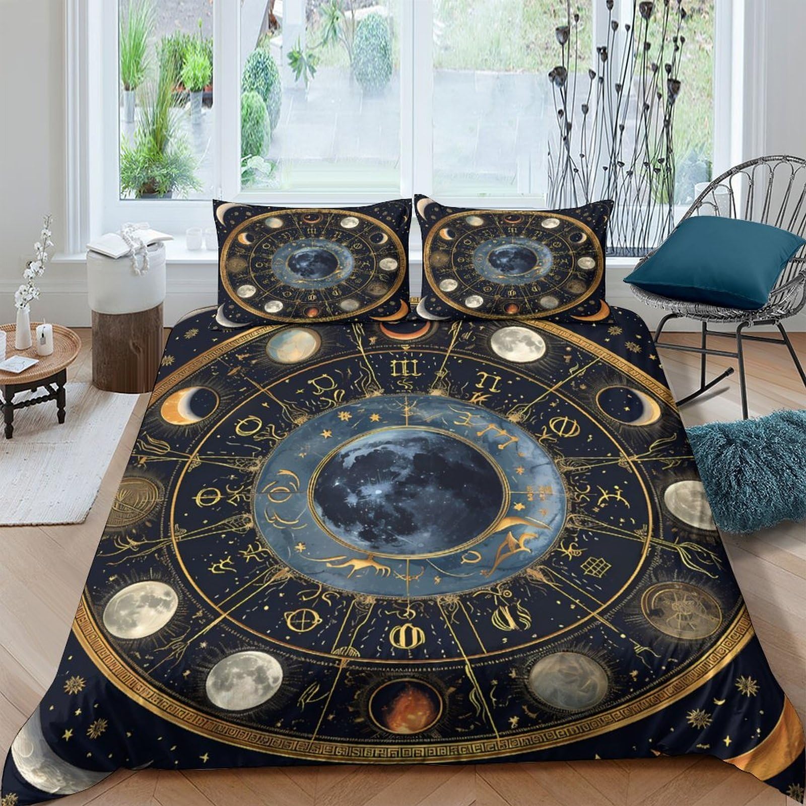 Ctjqhvkz Style-8 3D Printed Zodiac Astrology Fitted Sheet Microfiber Soft Gold Black Celestial Moon Bed Cover For Bedroom Dorm Decor Single（135X200cm）