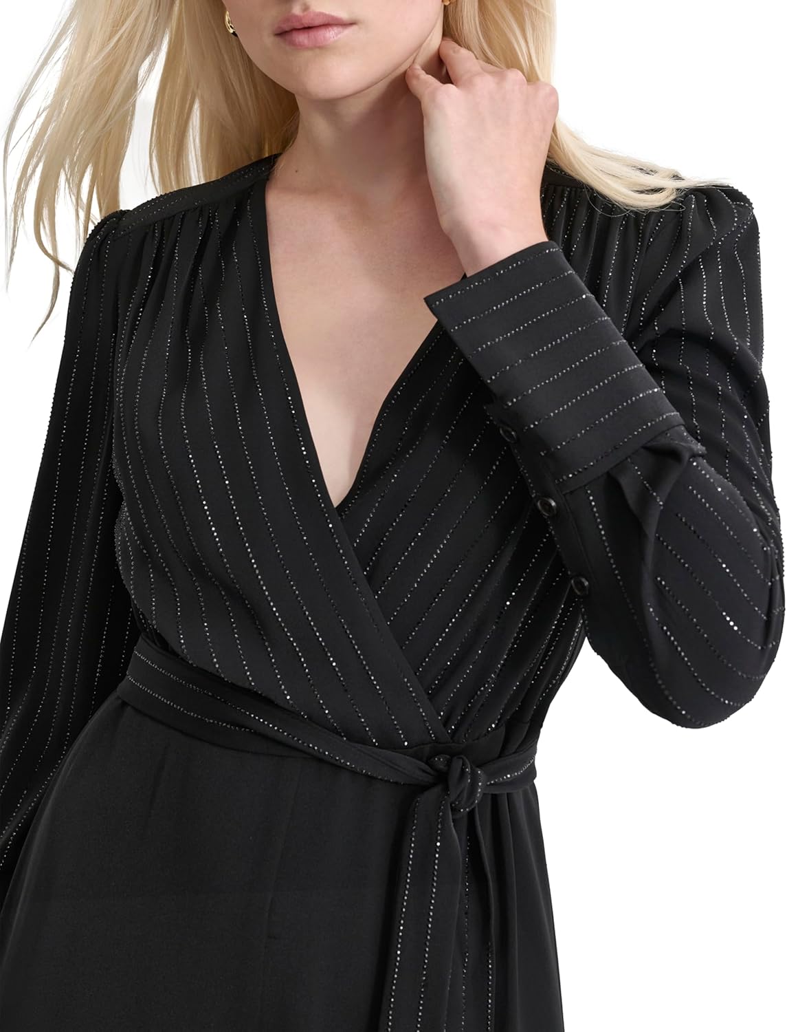 DKNY womens Long Sleeve Surplice Neck Wide Leg Removable Belt Full Length Jumpsuit - Image 5