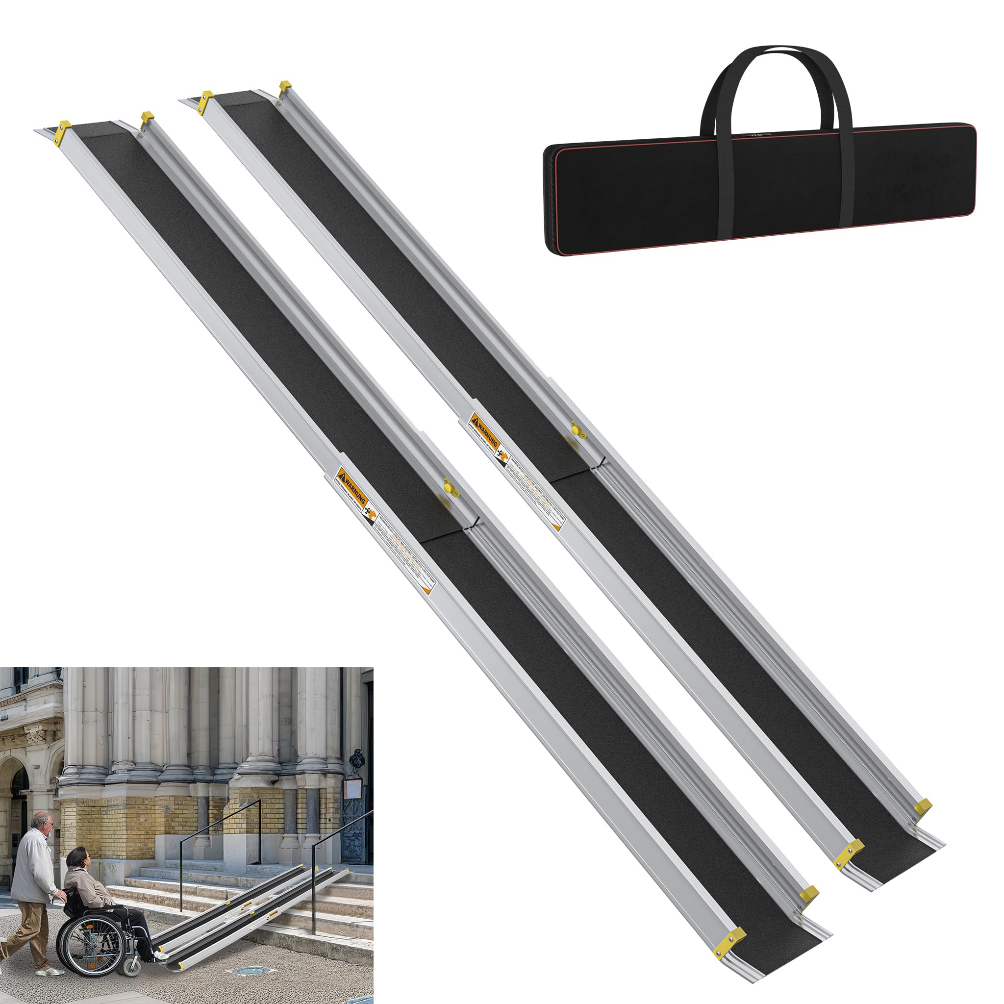 YRHome Rampa telescópica para silla de ruedas (2 unidades, 107 – 183 cm, telescópica, ajustable, antideslizante y portátil, hasta 300 kg, para sillas de ruedas manuales, aluminio, rampa para escaleras