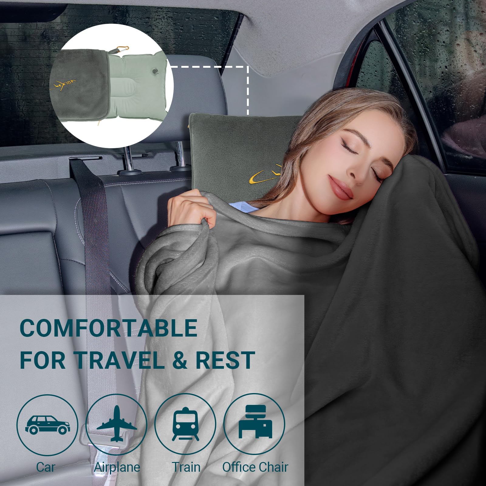 Almohada de viaje suave 3 en 1, manta de avión para viajes largos, esencial con funda de almohada para bolsa, funda de equipaje de mano y clip para mochila (gris)