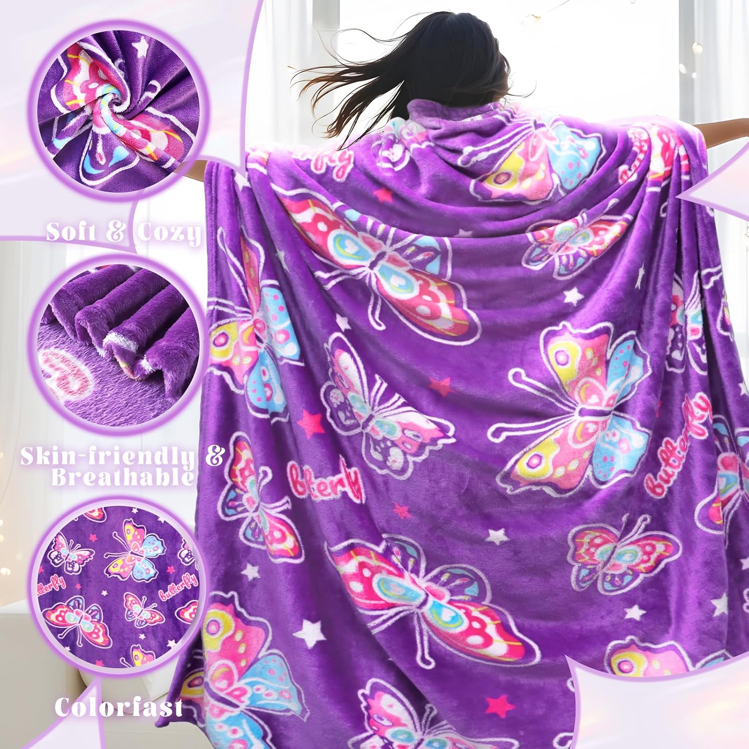 JAPDNK Butterfly Christmas Birthday Gifts for Women - Butterfly Blanket Gifts Purple Gifts Glow in The Dark Blanket Gifts for Women Friend Sister Wife Girl