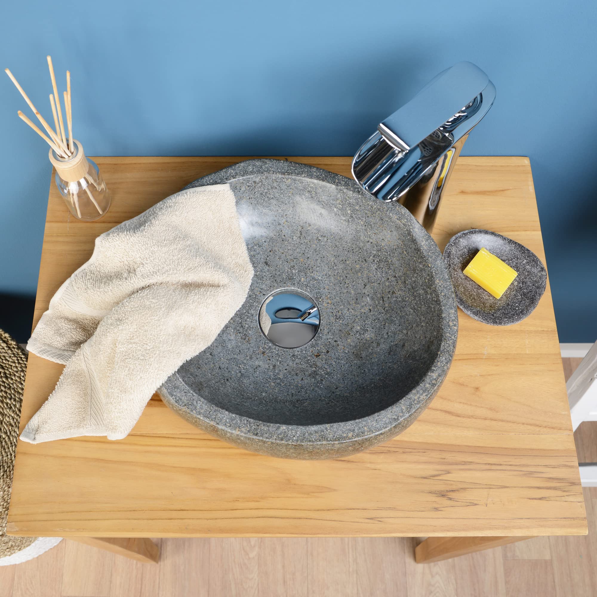 35 cm Lavabo in pietra naturale in pietra di fiume grigio ovale esternamente lucidato WOHNFREUDEN