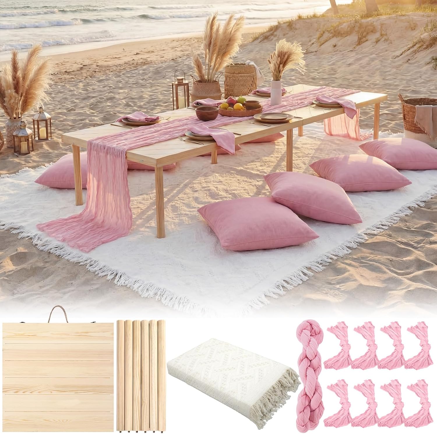 Novabright Boho Picnic Kit 30'' x 60'' Folding Picnic Table 118" x 71" Extra Large Outdoor Boho Blanket with Pink Table Runner and 8 Napkins for Camping Wedding Birthday Baby Shower Party Decor