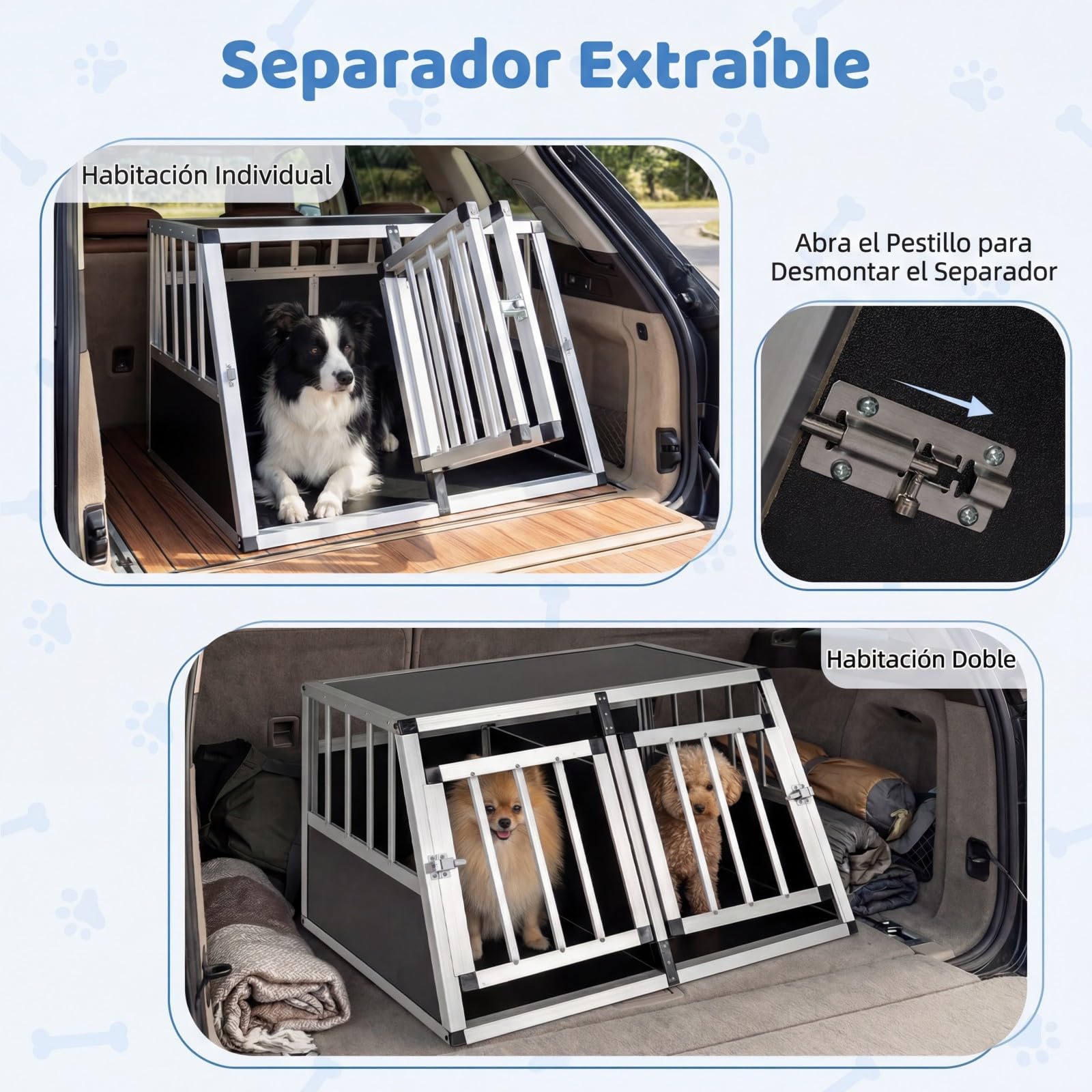 COSTWAY Transportin Perro Coche, Caja de Transporte de Aluminio para 2 Perros con Puerta Bloqueable, Divisor Extraíble, Jaula para Perros Pequeñas y Medianos, Coche, Viaje y Camping, 89x69x50,5 cm
