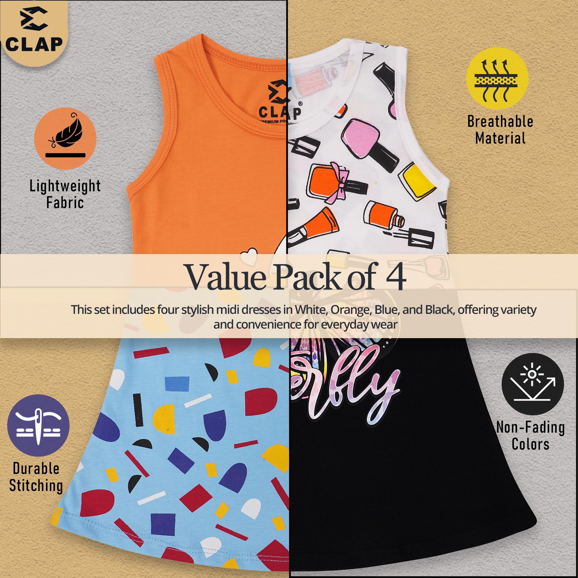 CLAP Baby Girl Cotton Printed A-Line Midi Skirt Dress Multicolor β Combo Set of 4 (Black Orange White Sky Blue, 12-18 Months) 1