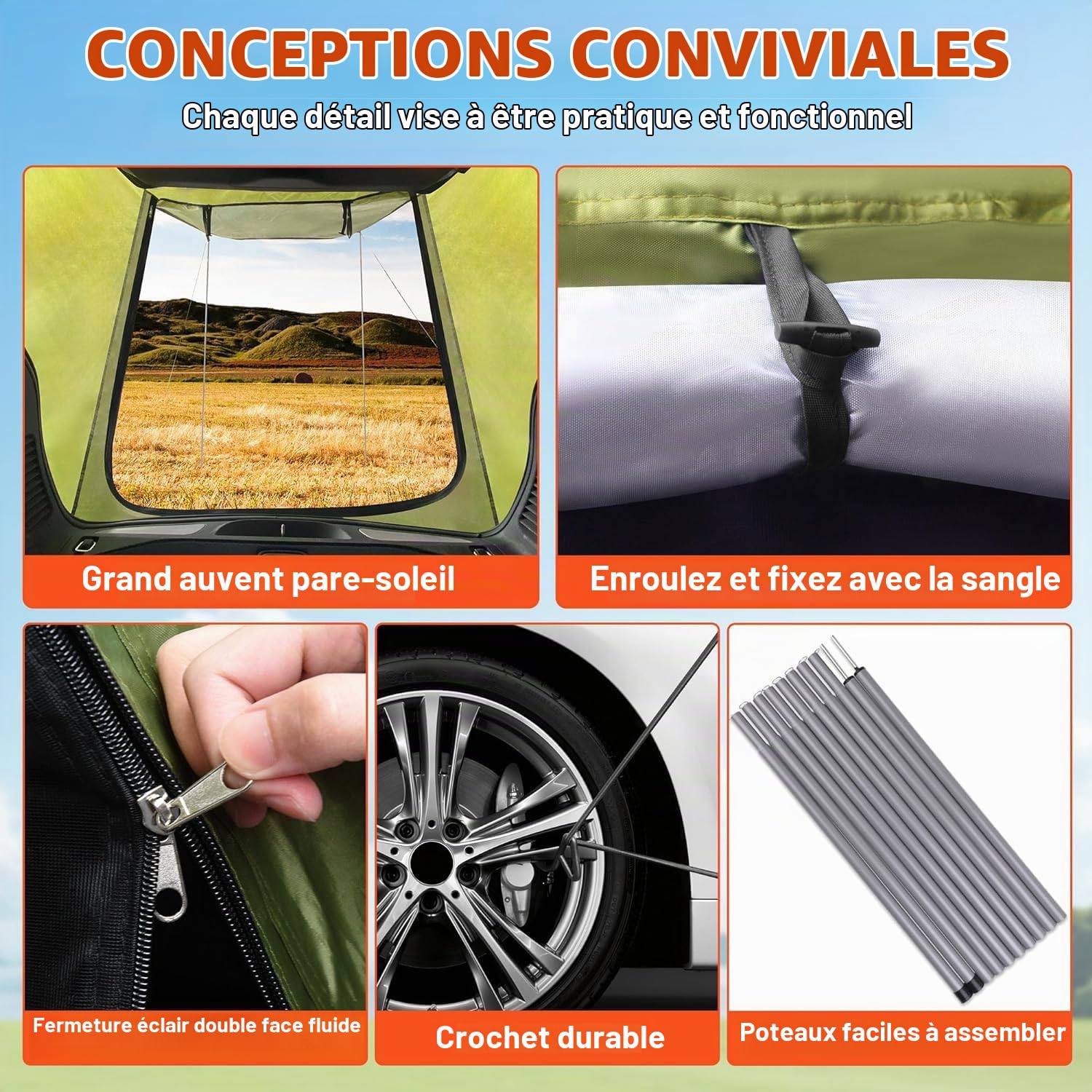 Tente de Hayon Voiture Universelle pour SUV - Tente Arrière Étanche Pluie et UV avec Barre de Support - Compatible Peugeot 3008, Renault Captur, Dacia Duster etc.