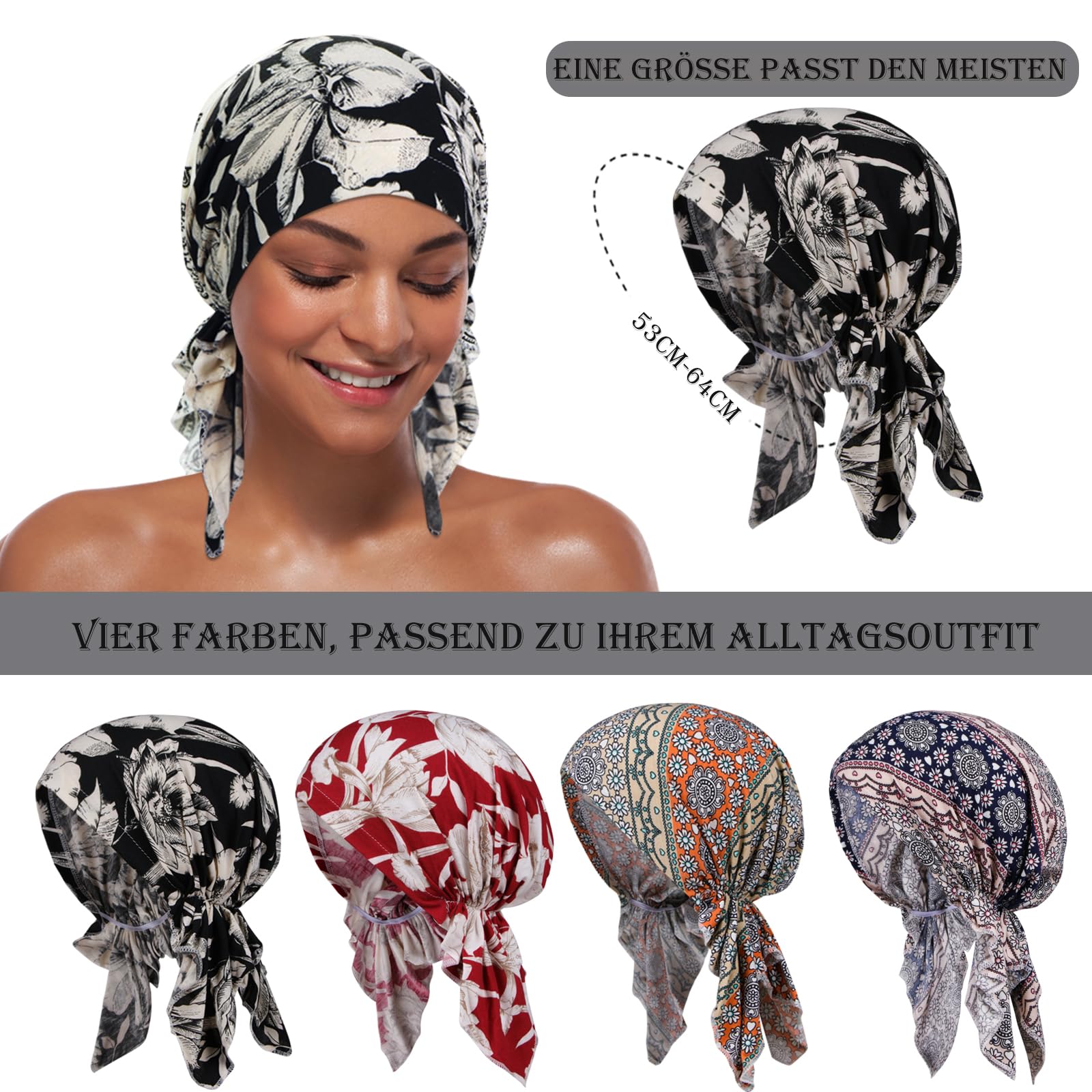 Lot de 4 bandeaux de chimio pour femme - Foulard pré-noué - Cancer - Contre la perte de cheveux