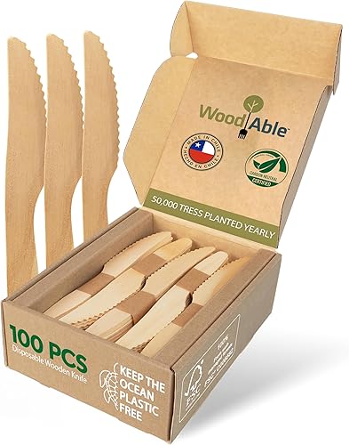 Miniatura 1 de WOODABLE Cuchillos de madera desechables y compostables para patio trasero, ecológicos, sostenibles, orgánicos, biodegradables, veganos, 100 unidades