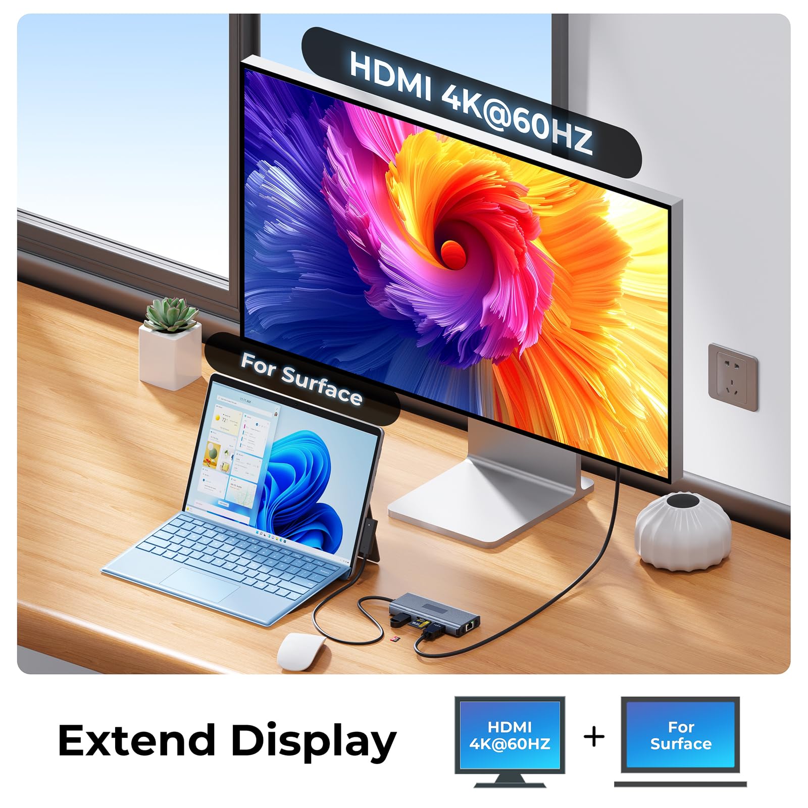 Nouvelle station d'accueil Surface, station d'accueil 11 en 1 MS avec 4K @ 60 Hz HDMI, hub de surface portable pour Surface Pro 11/10/9/8/X/7/6/5/4/3, Surface Laptop 6/5/4/3/2/1, Laptop Go 3/2/1