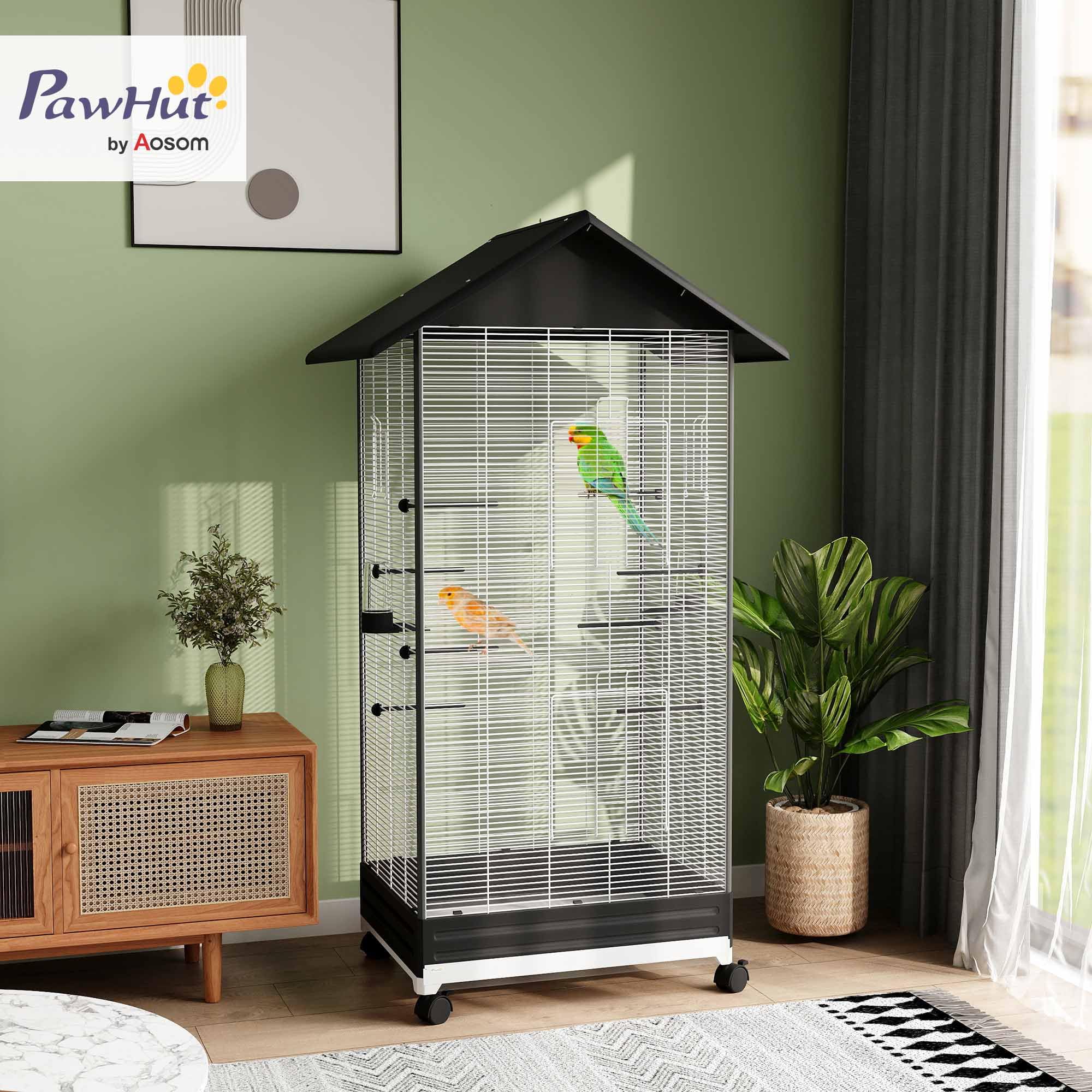 PawHut Jaula para Pájaros con Ruedas Pajarera Metálica con Bandeja Extraíble 4 Puertas 2 Comedores 8 Perchas para Canarios Periquitos 79x65x155 cm Negro