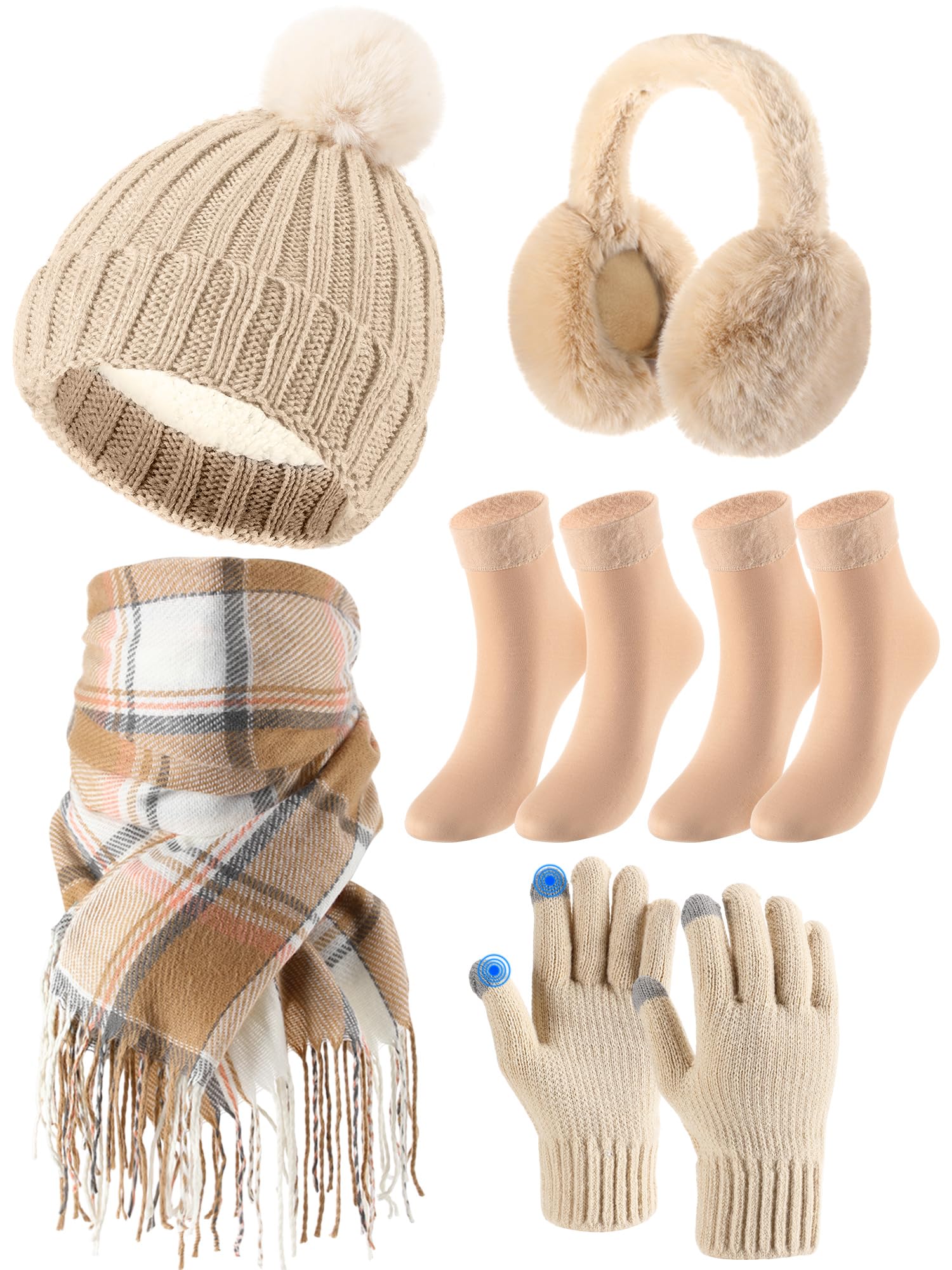6 Pcs Winter Hat Scarf Gloves Set Knitted Touchscreen Gloves Plaid Scarf Earmuffs Socks Gift for Women Men-image-43