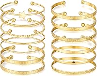 FAXHION 14K Gold Plated Bangle Bracelets for Women - 14PCS Stackable Chunky Boho Textured Set