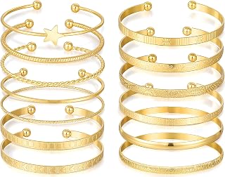 FAXHION 14K Gold Plated Bangle Bracelets for Women - 14PCS Stackable Chunky Boho Textured Set