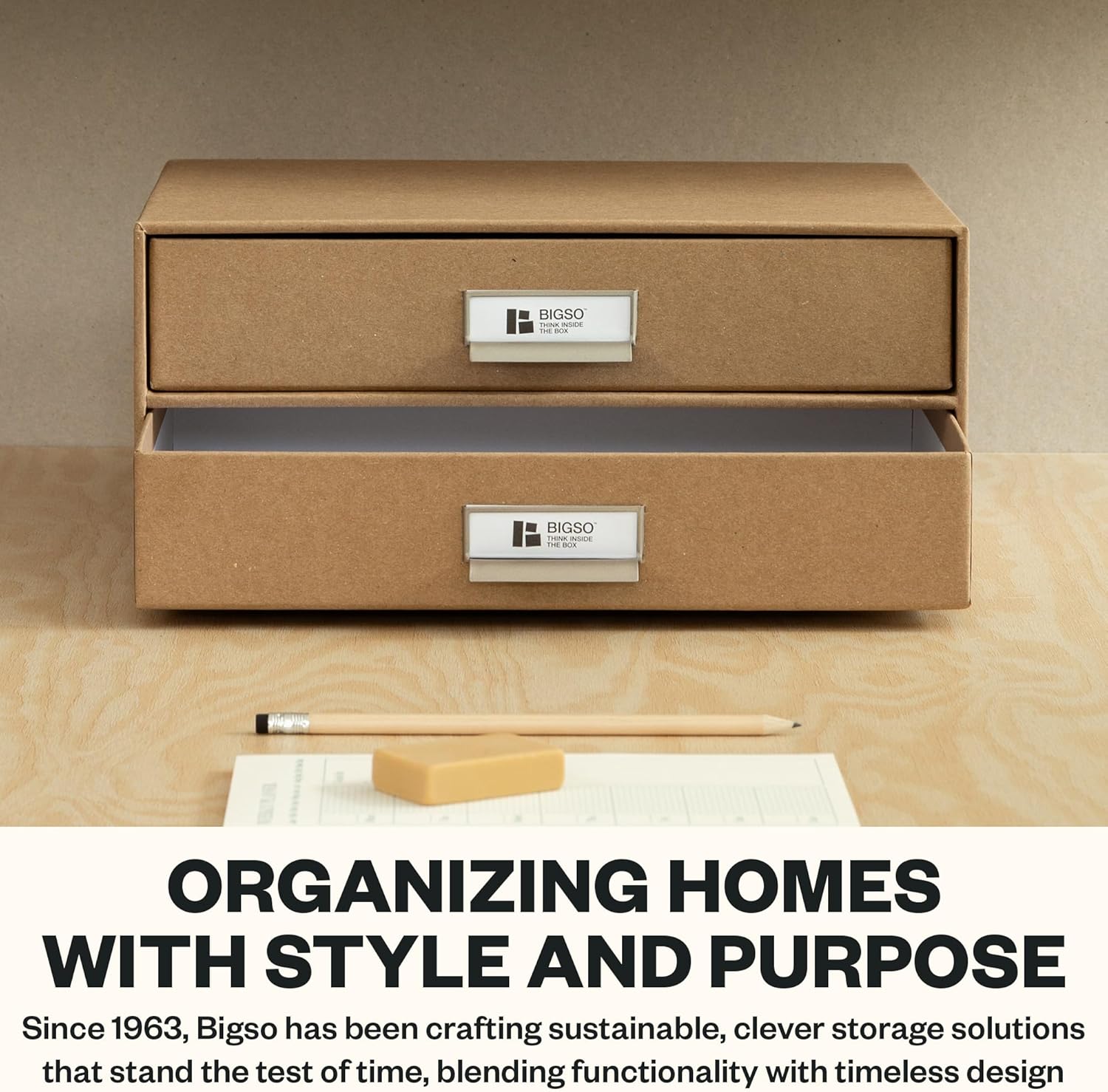 Bigso Birger 2-Drawer Fiberboard Document Letter Box - Paper Storage Drawers for A4 and Letter Sized Documents - Desktop Drawers with Label Holder - W 13.1 x D 10 x H 5.7 (inches) - Kraft