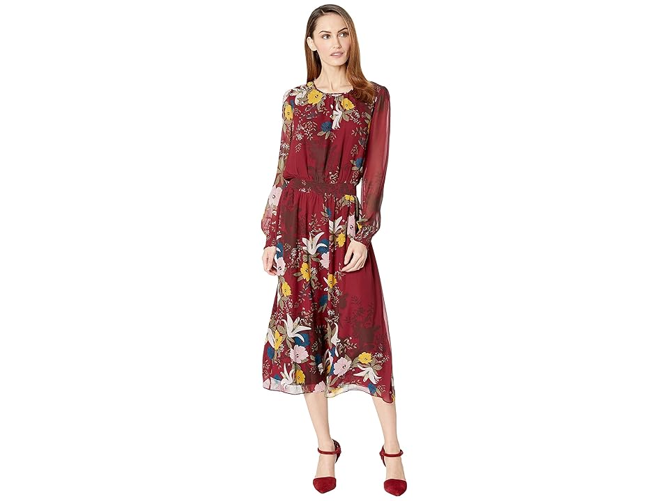 

Vince Camuto Long Sleeve Autumn Botanical Cinch Waist Dress (Manor Red) Women's Dress