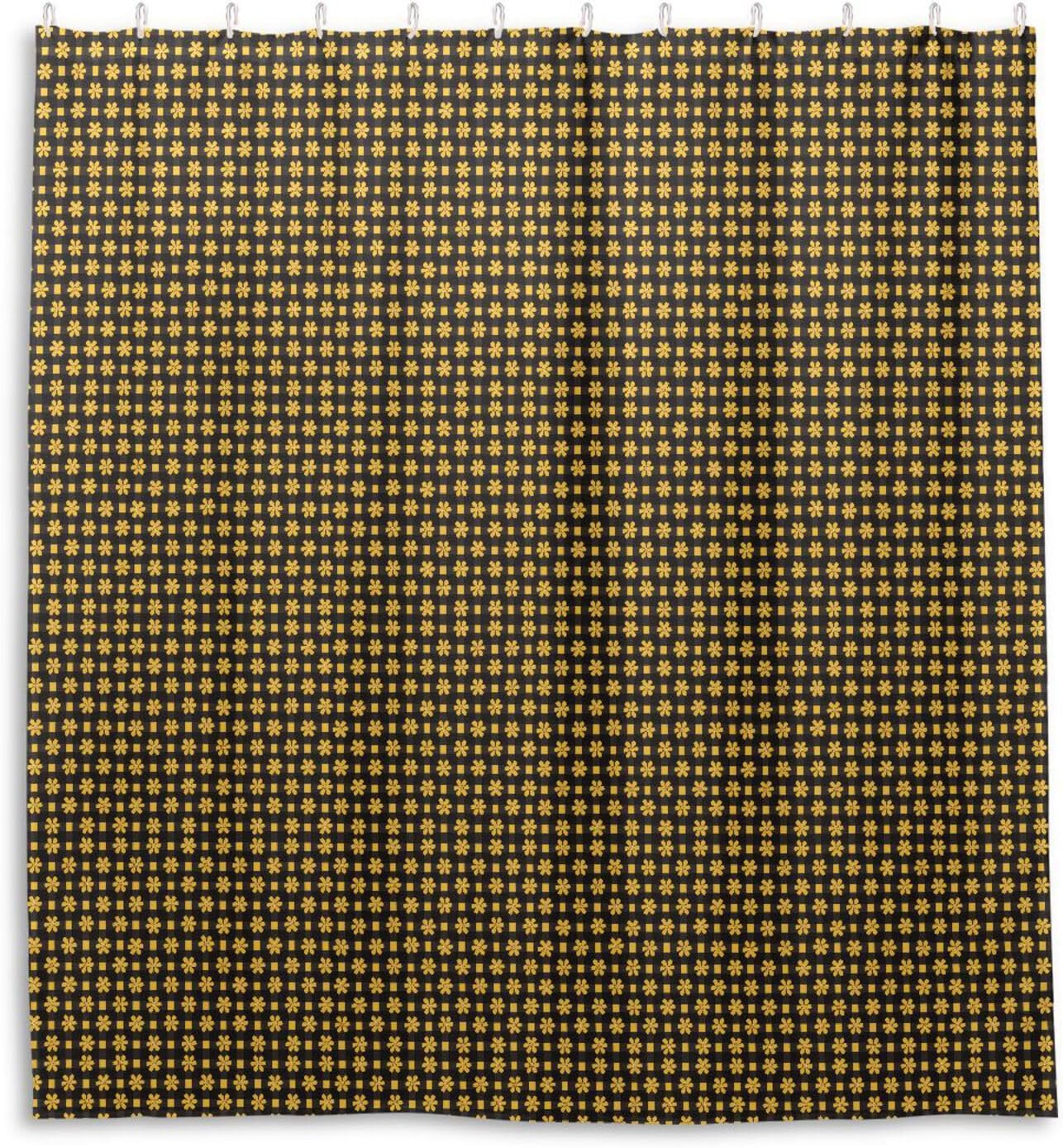 66x72 Inch Fabric Waterproof Bathroom Curtains Shower with Hook Black and Yellow Checkered Pattern Flowers Polyester Cloth Washable Tub Curtain Liner for Bathtub